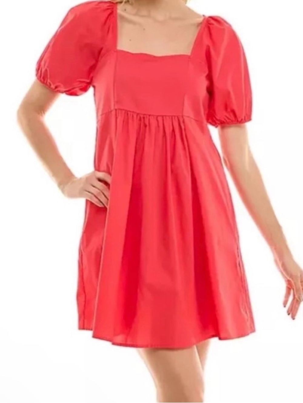 Draper James Coral Red Puff Sleeve Square-Neck Dress
